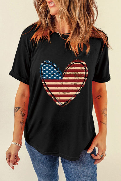 Stars and Stripes Heart Round Neck Short Sleeve T-ShirtStars and Stripes Heart Round Neck Short Sleeve T-Shirt
 
 Stylish Design
 Embrace your love for the stars and stripes with this trendy heart-themed t-shirt. Its basLove Salve Stripes Heart Round Neck Short SleeveT-Shirts