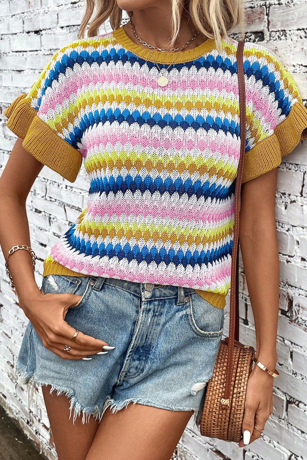 Striped Round Neck Short Sleeve Sweater.