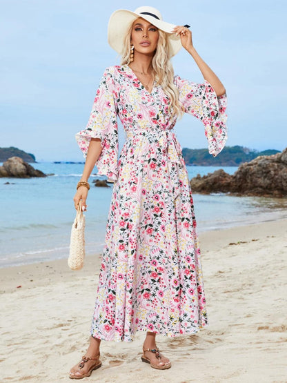 Tied Printed Three-Quarter Sleeve Midi Dress.