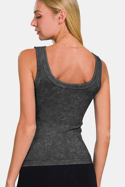 Zenana 2 Way Neckline Washed Ribbed Cropped Tank.