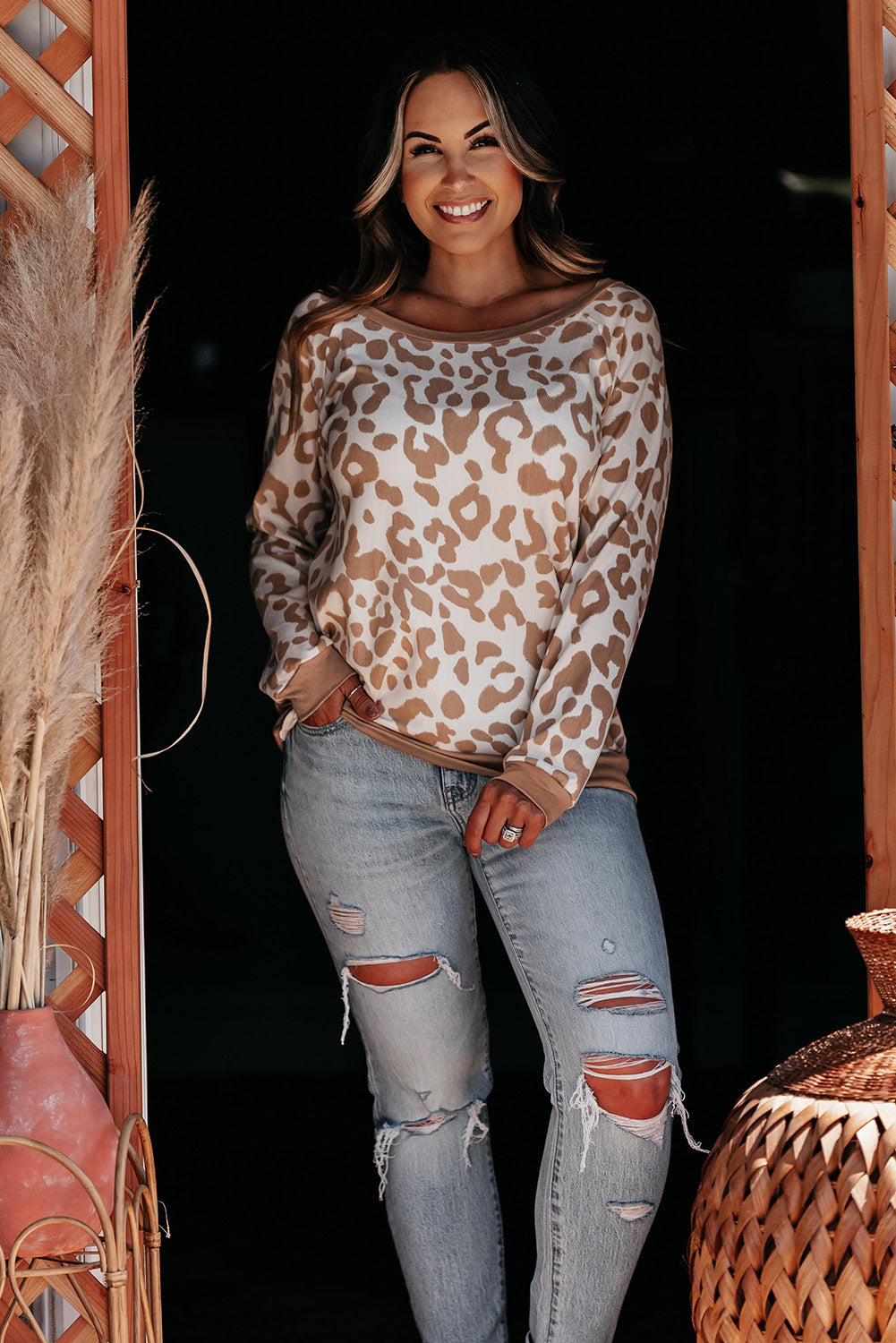 Khaki leopard print plus size boat neck long sleeve top