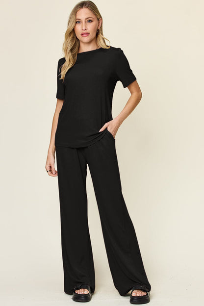 Double Take Full Size Round Neck Short Sleeve T-Shirt and Wide Leg Pants Set.