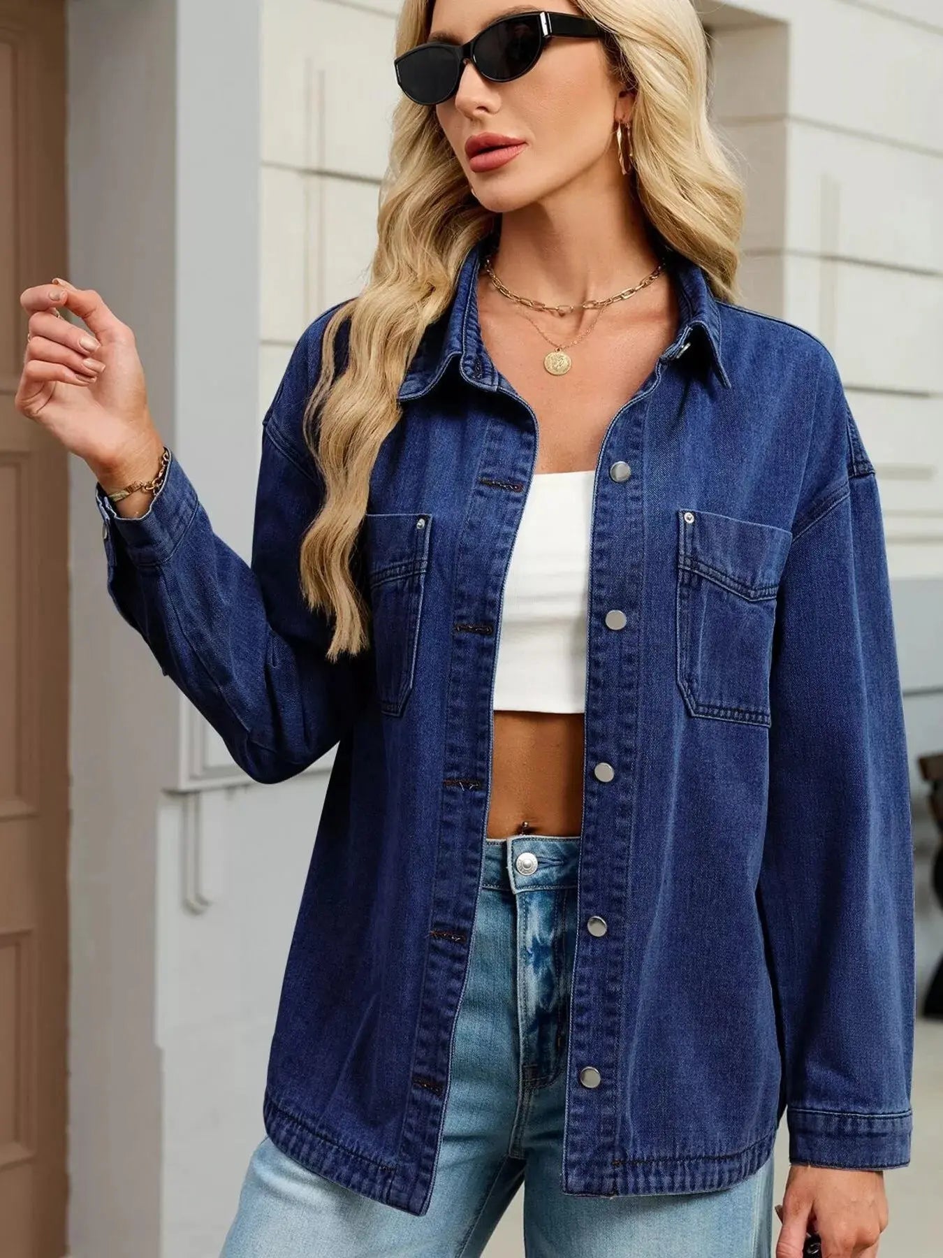Button Up Dropped Shoulder Denim Jacket Simply Love
