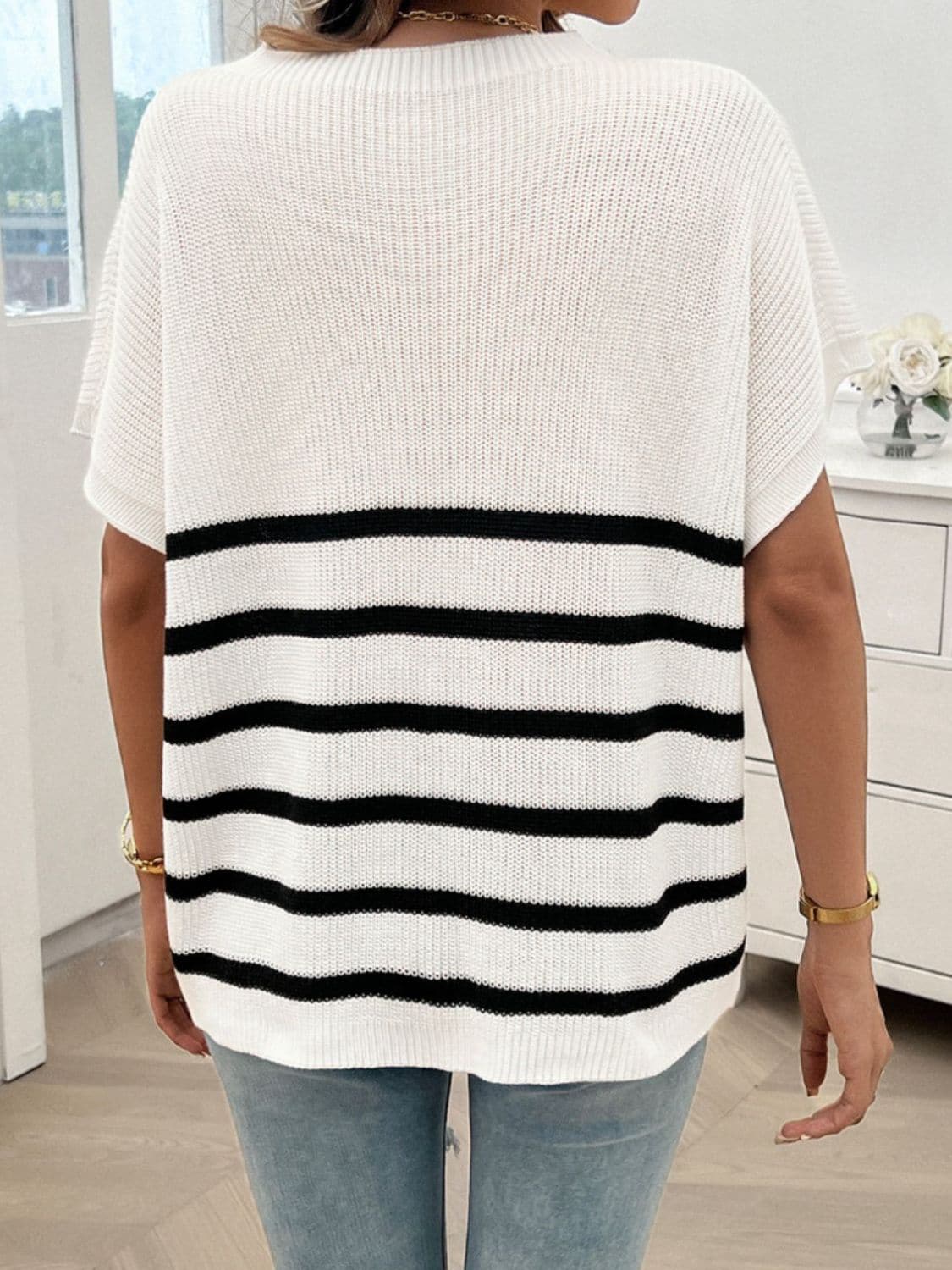 Striped Round Neck Short Sleeve Sweater.