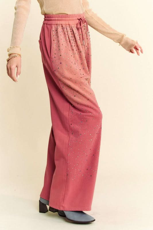 Glamorous Rhinestone-Embellished Wide Leg Pants with Adjustable Drawstring