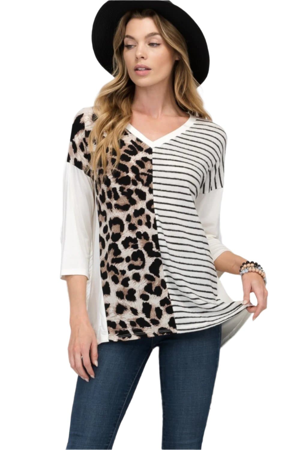 Celeste Full Size Front Leopard and Striped Print V-Neck T-Shirt.