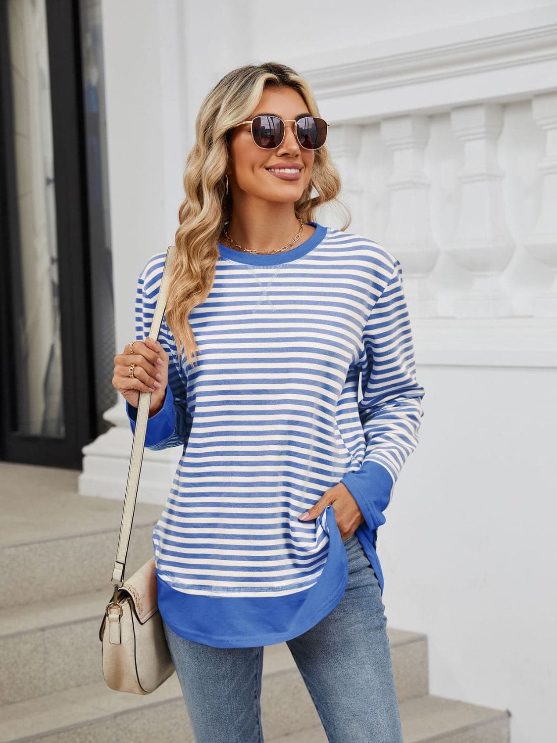 Striped Round Neck Long Sleeve Sweatshirt.