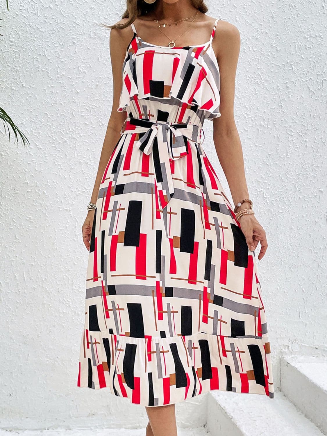 Ruffled Printed Tie Waist Midi Dress.