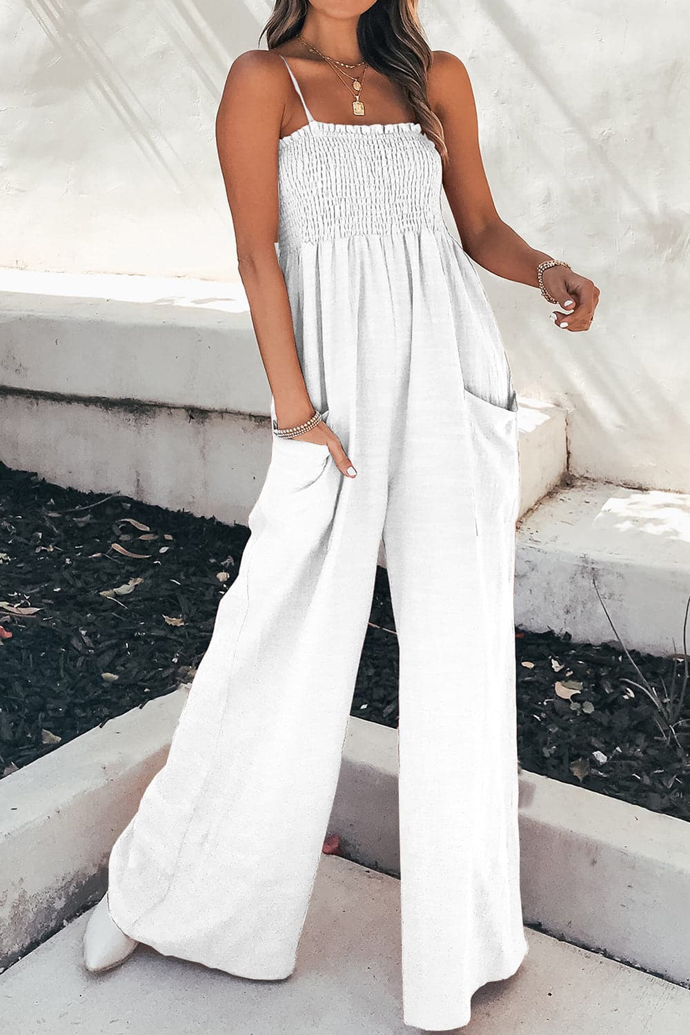 Smocked Spaghetti Strap Wide Leg Jumpsuit.