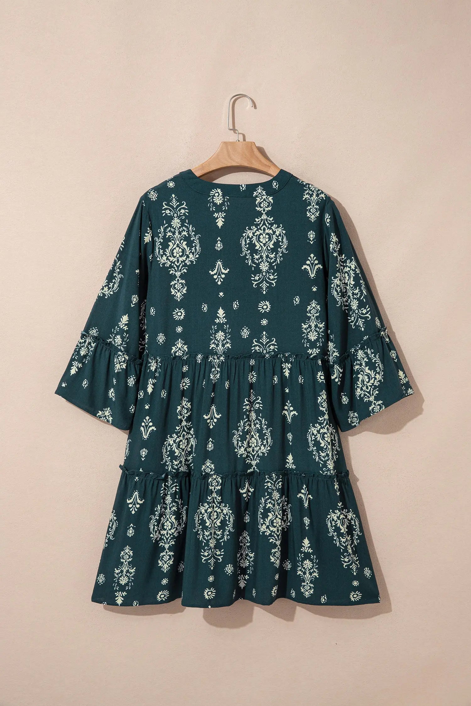 Blue Boho Floral Print Lettuce Trim Mini Dress With Three Quarter Sleeves Dear-Lover Dropshipping