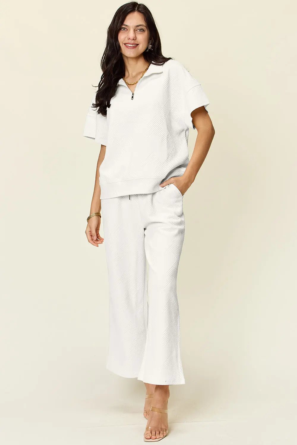 Double Take Full Size Texture Half Zip Short Sleeve Top and Pants Set - Love Salve