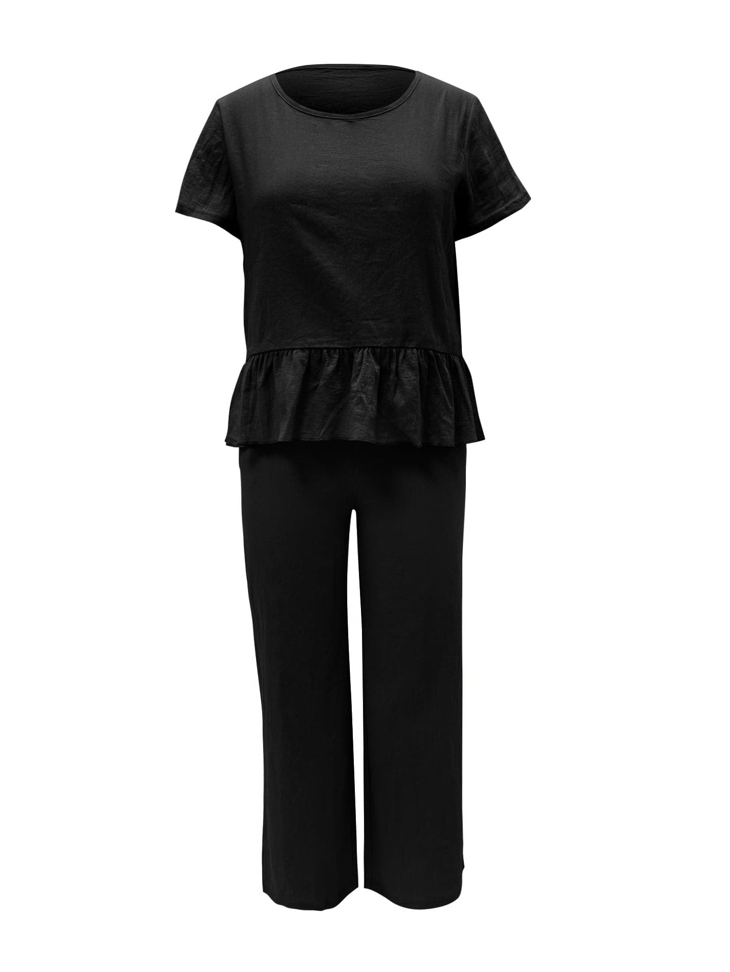 Peplum Round Neck Short Sleeve Top and Pants Set.