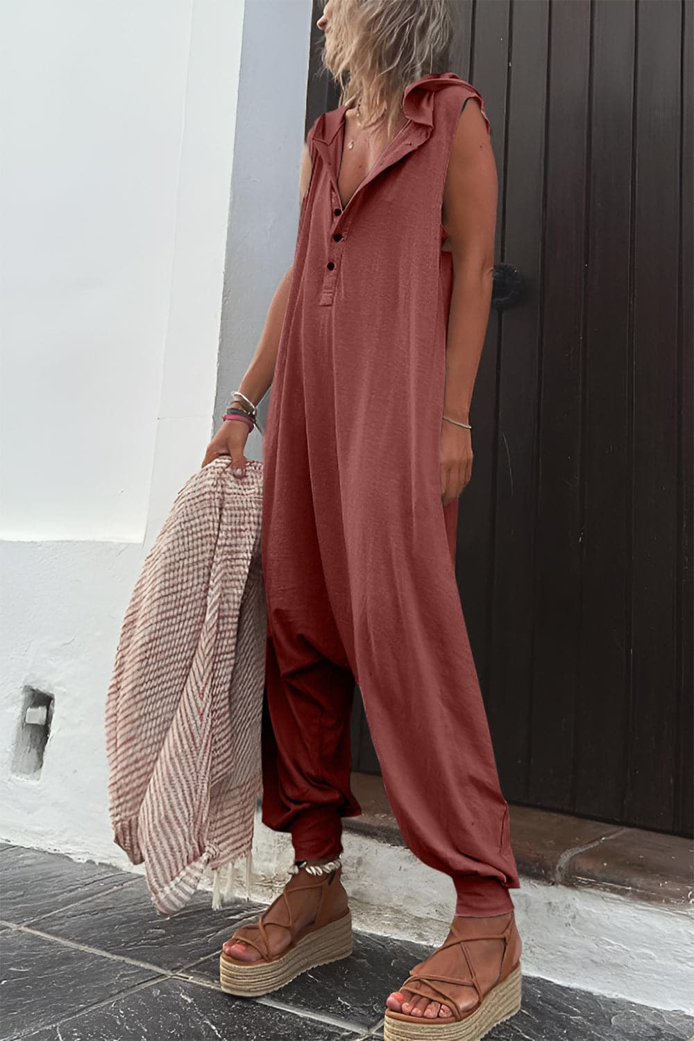 Full Size Half Button Sleeveless Jumpsuit.