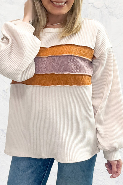 Chic white knit patchwork top with drop sleeves and exposed seams