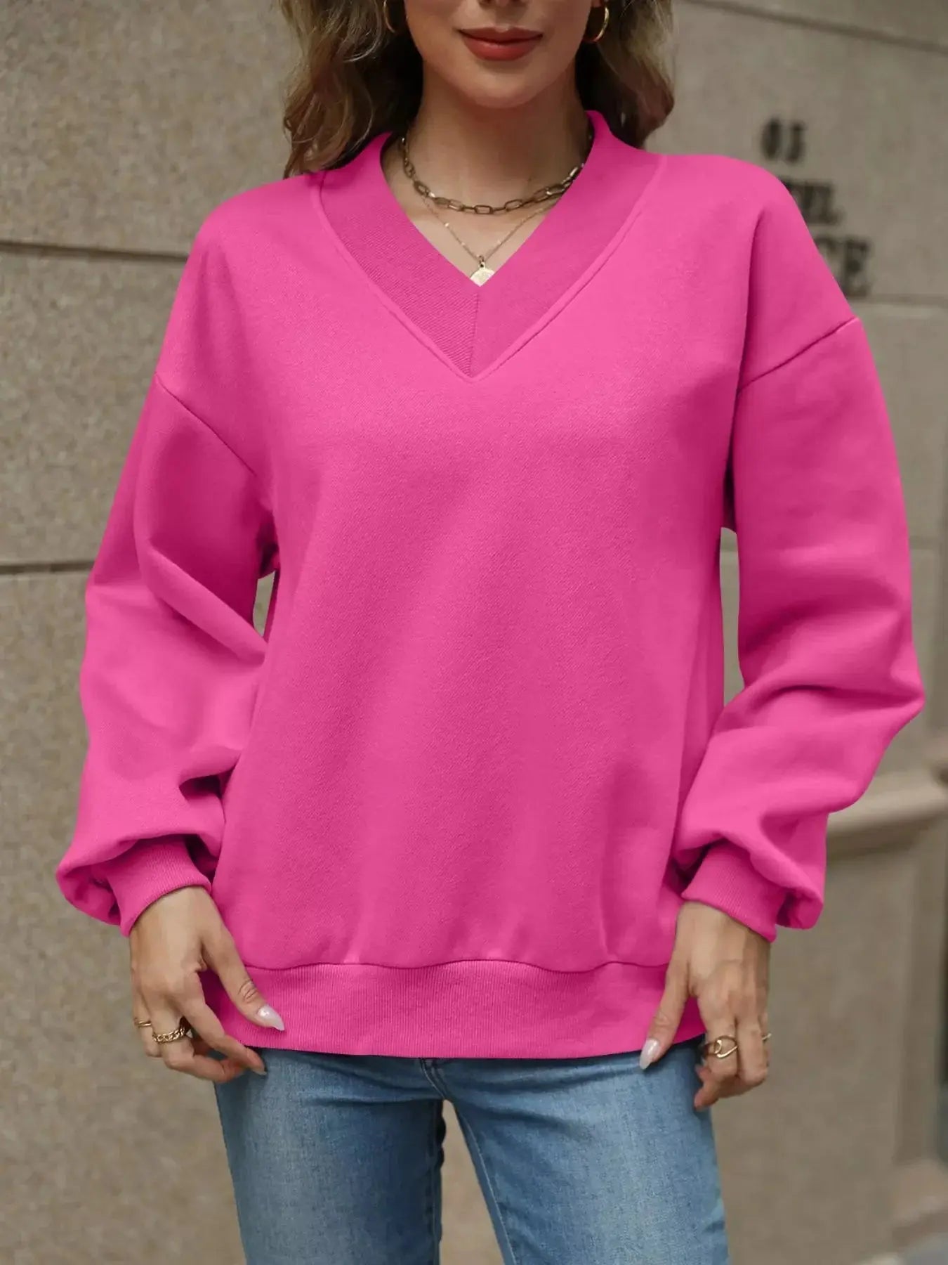 V-Neck Solid Color Casual Sweatshirt Simply Love