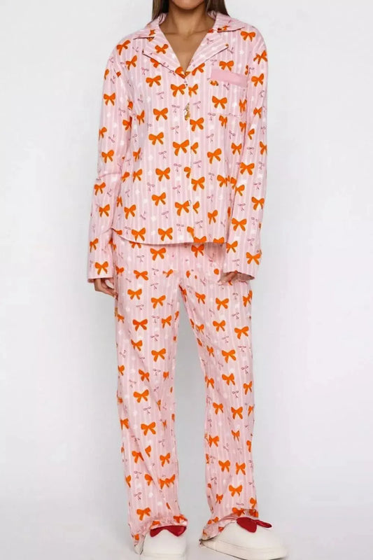 Bow Print Top and Wide Leg Pants Lounge Set Simply Love