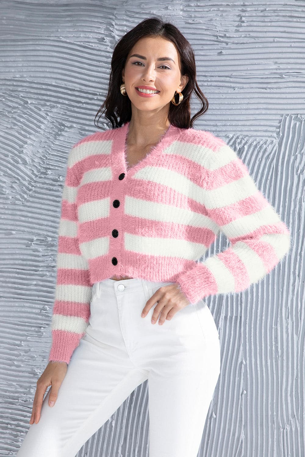 Striped Button Up Cropped Cardigan.