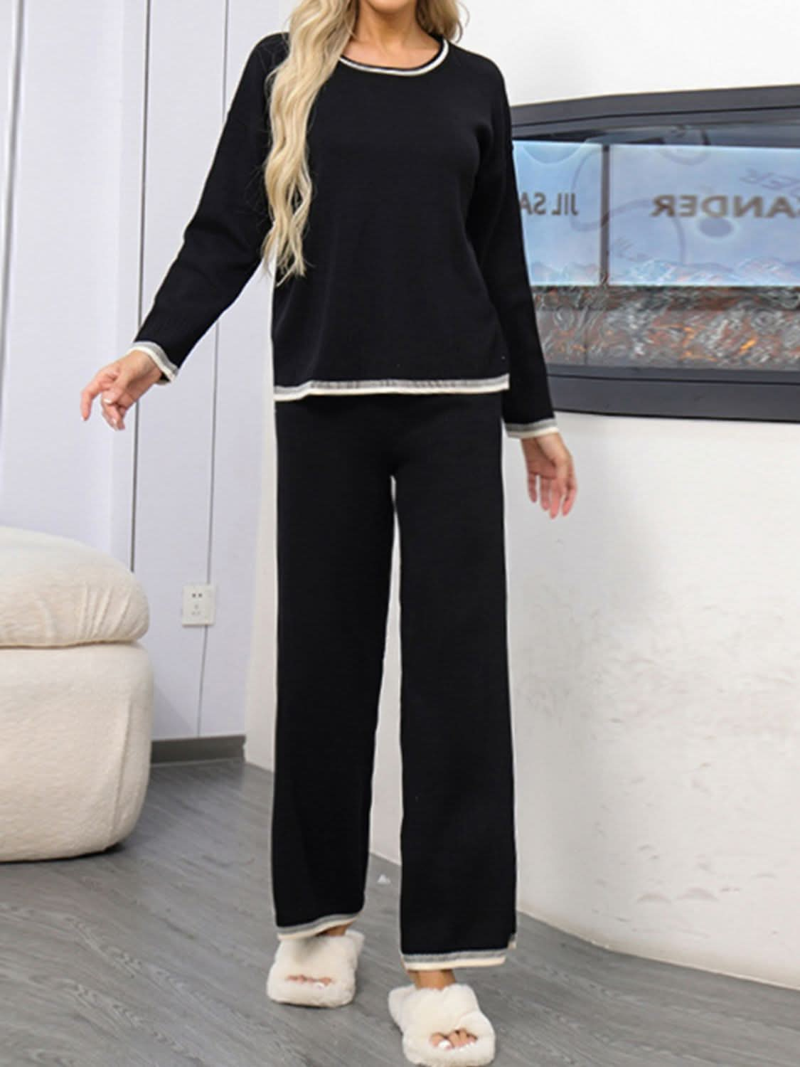 Contrast Trim Cozy Knit Top and Bottom Set