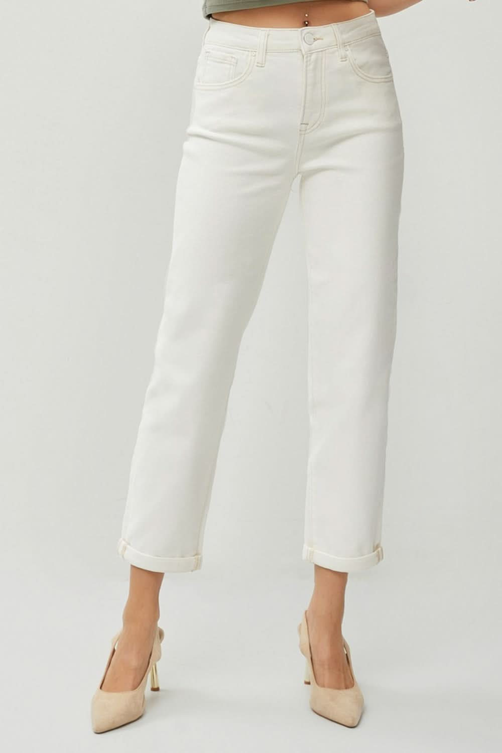 Elevate your style with high waist rolled hem straight jeans