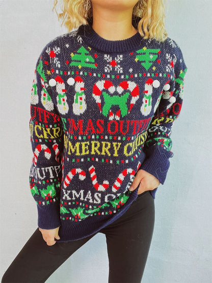 Festive Christmas print long sleeve sweater with round neck