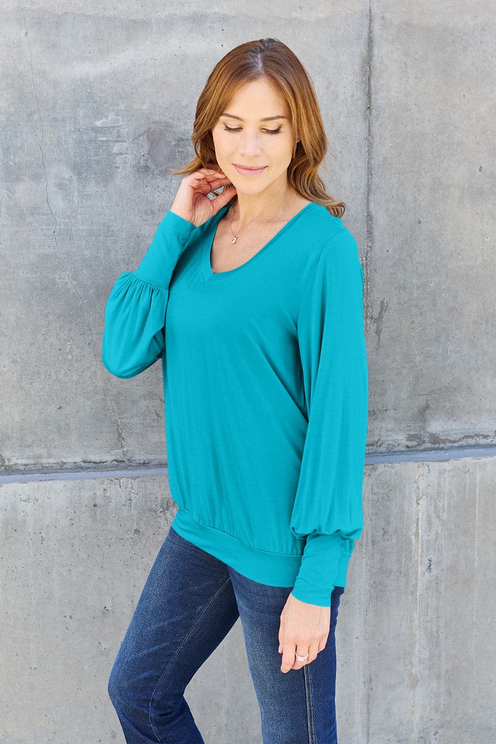 Basic Bae Full Size V-Neck Lantern Sleeve Top.