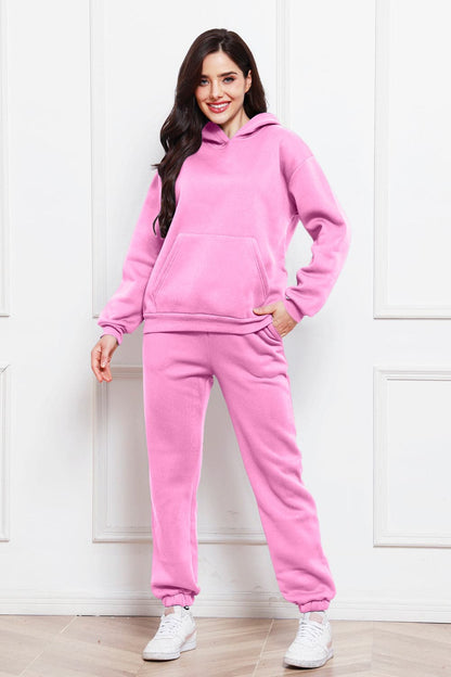 Drop Shoulder Long Sleeve Hoodie and Pants Set.