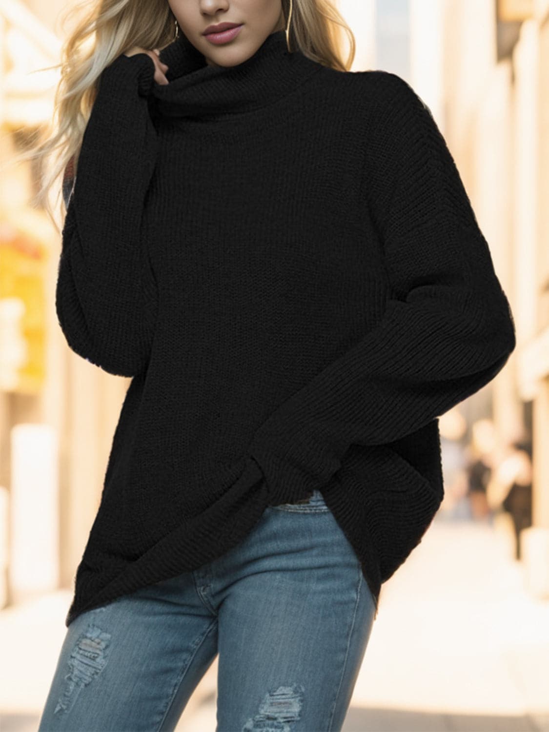 Turtleneck Drop Shoulder Long Sleeve Sweater.