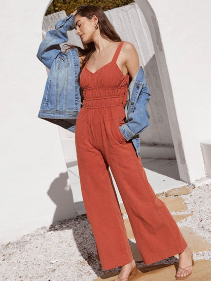 Ruched Wide Strap Jumpsuit with Pockets.