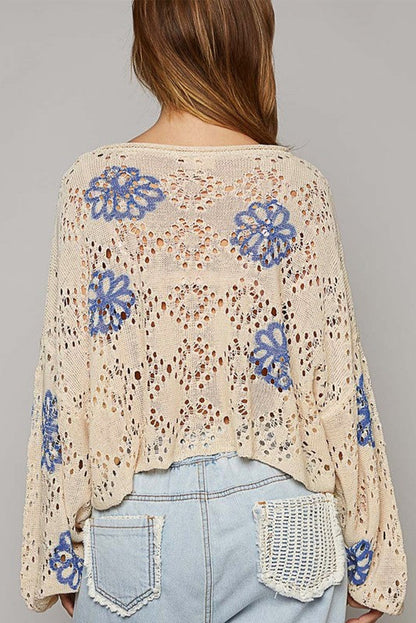 Beige floral eyelet drop shoulder sweater with contrast print