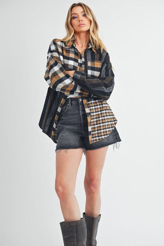 Aem+Co Curved Hem Plaid Button Up Shirt for Trendy Style - Love Salve 