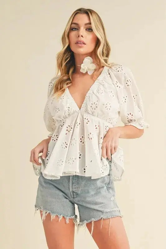 Aemi + Co Eyelet Embroidered V-Neck Peplum Blouse - Love Salve 
