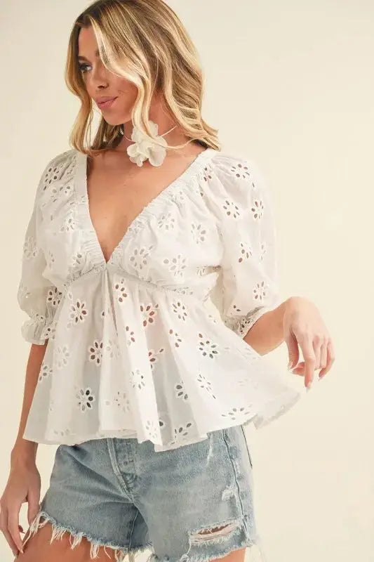 Aemi + Co Eyelet Embroidered V-Neck Peplum Blouse - Love Salve 