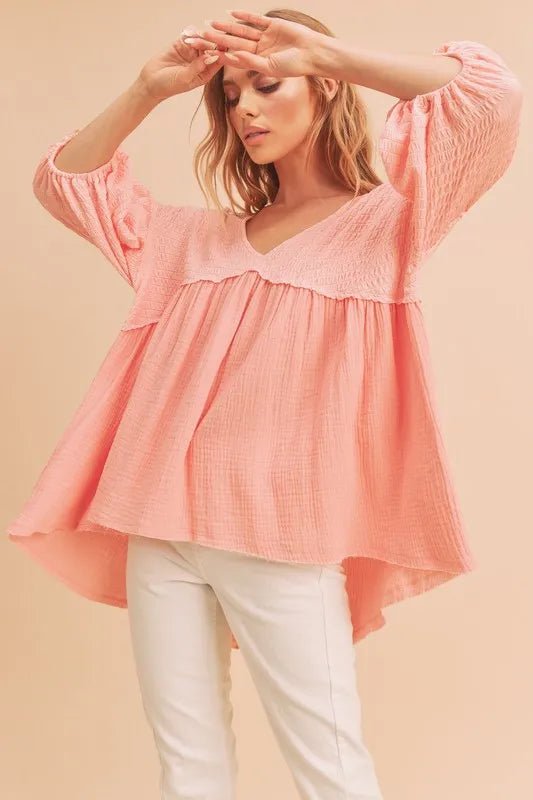 Aemi + Co High-Low Frayed Hem V-Neck Blouse for Women - Love Salve 