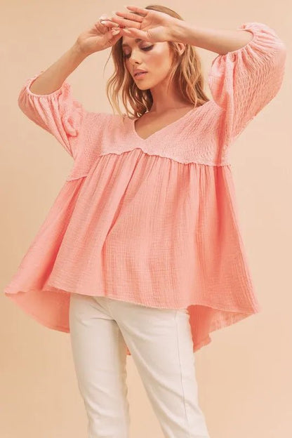 Aemi + Co High-Low Frayed Hem V-Neck Blouse for Women - Love Salve 