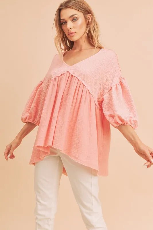 Aemi + Co High-Low Frayed Hem V-Neck Blouse for Women - Love Salve 