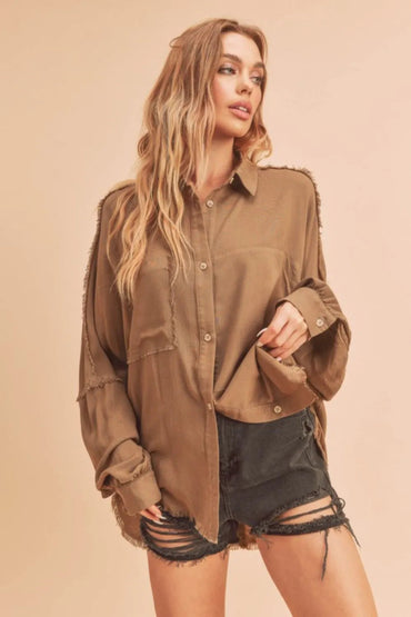Aemi + Co Raw Edge Exposed Seam Collared Neck Shirt - Love Salve 
