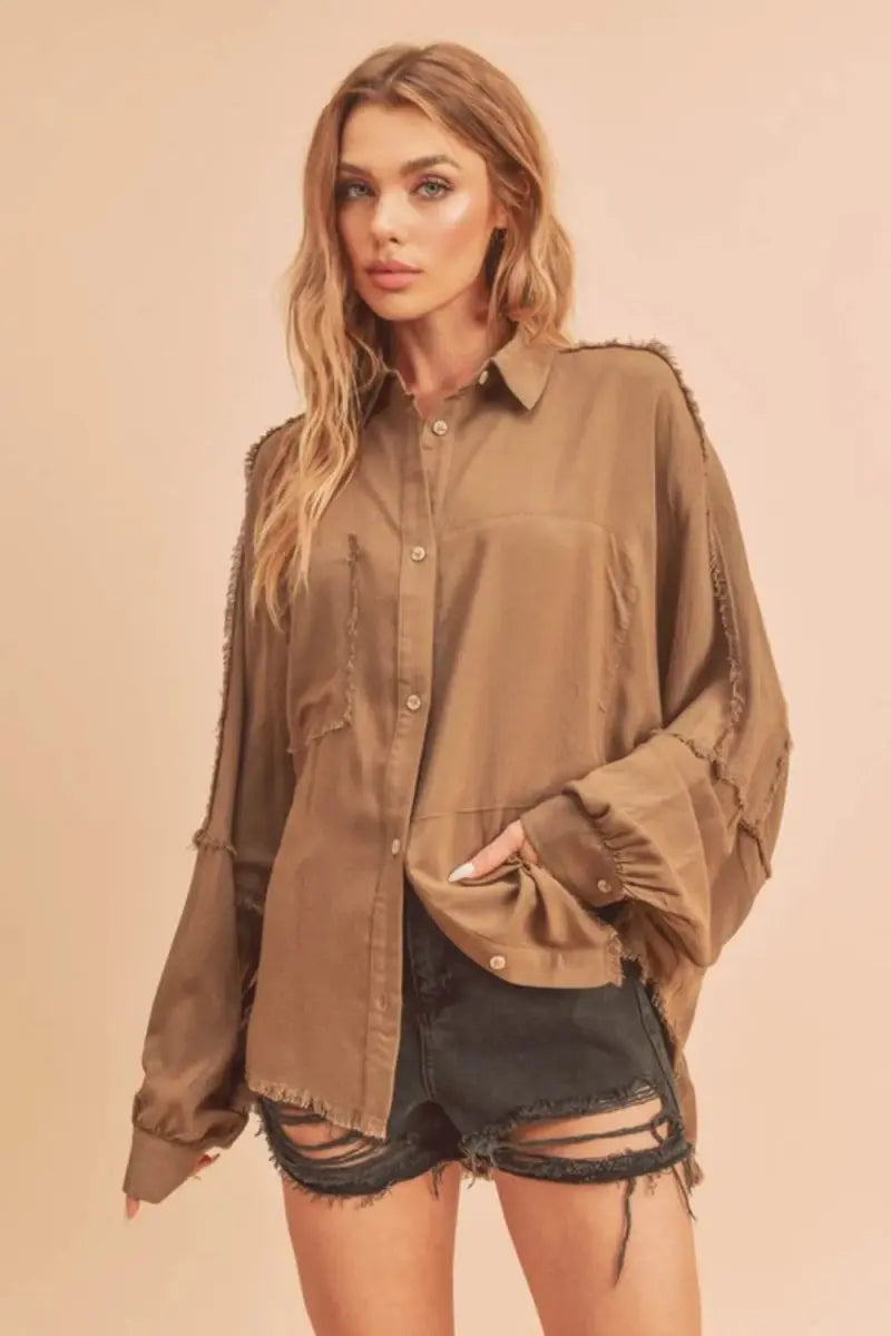 Aemi + Co Raw Edge Exposed Seam Collared Neck Shirt - Love Salve 