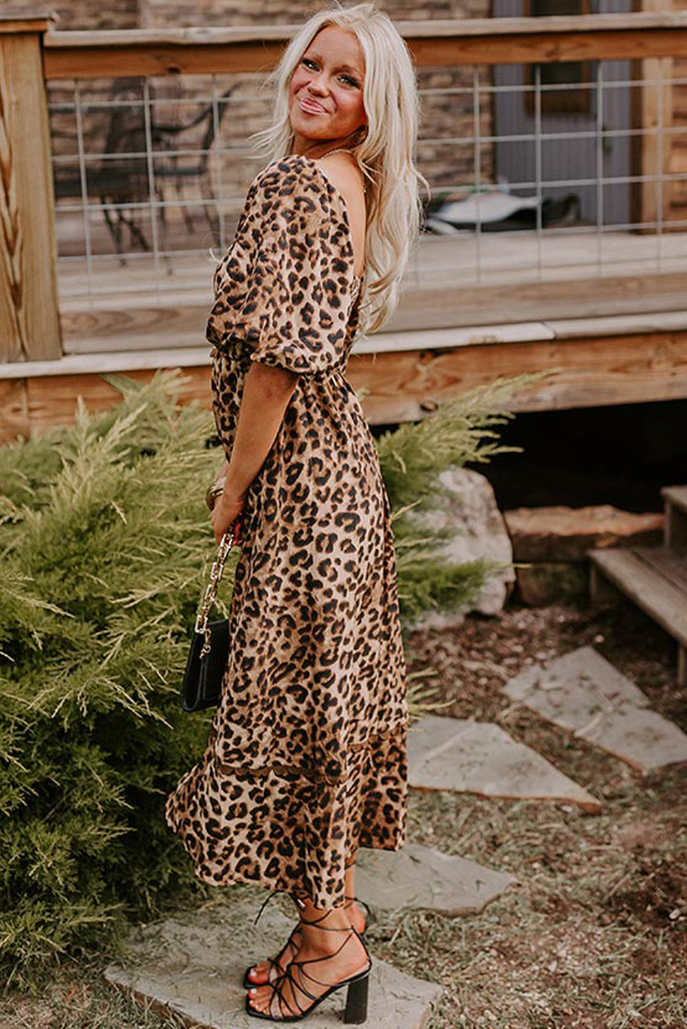 Brown Leopard Print Puff Sleeve Ricrac Maxi Dress Divine Design4U