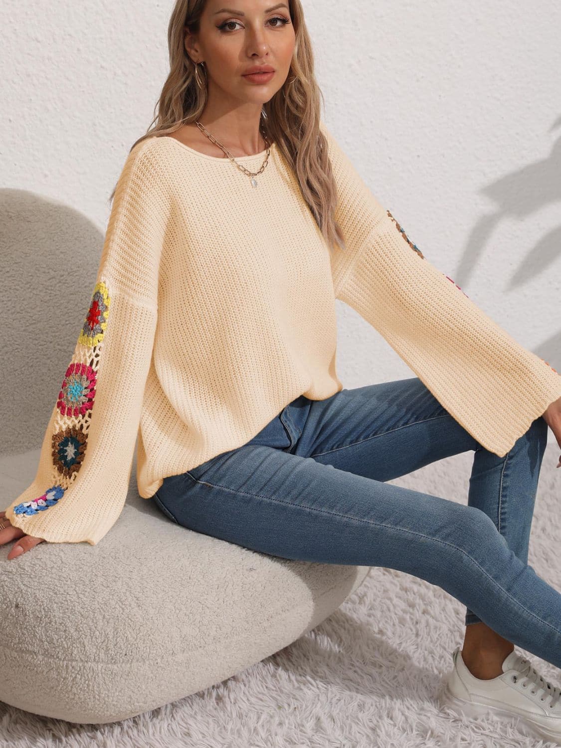 Crochet floral long sleeve knit sweater