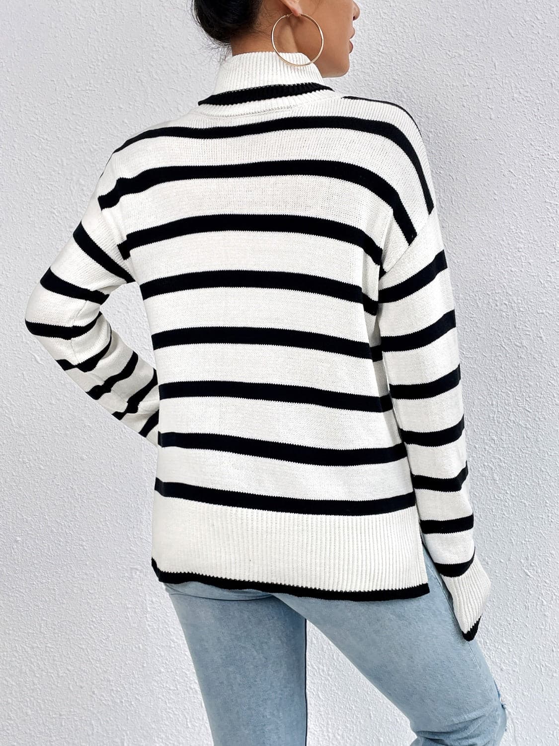 Striped Turtleneck Drop Shoulder Sweater.