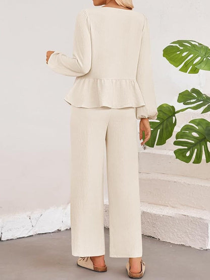 Chic tie neck balloon sleeve top and pants ensemble