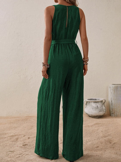 Tied Surplice Sleeveless Wide Leg Jumpsuit.