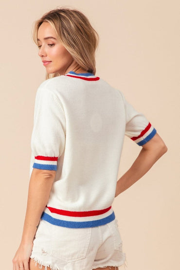 BiBi US Flag Theme Striped Heart Sweater.