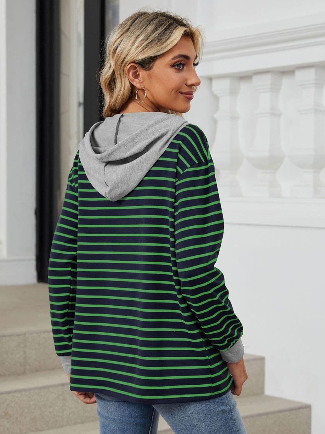 Drawstring Striped Long Sleeve Hoodie.