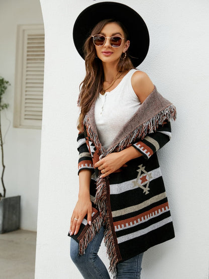 Fringe Geometric Hooded Long Sleeve Cardigan.