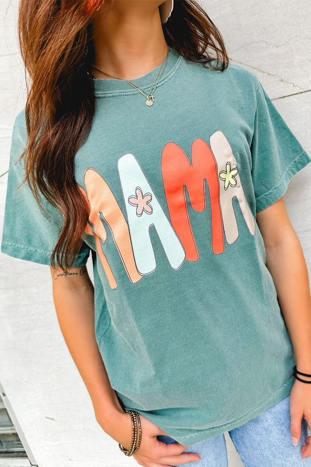 Sea Green Mineral Wash Crewneck T-Shirt with MAMA Graphic