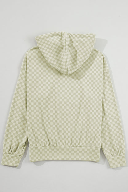 Green Checkered Print Kangaroo Pocket Drawstring Hoodie