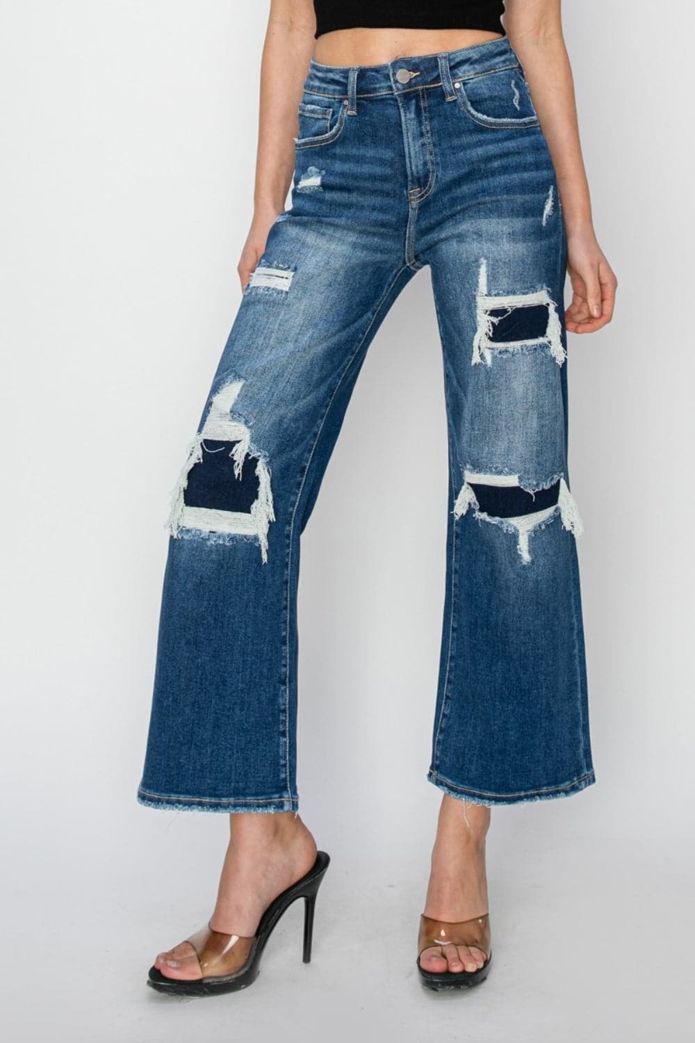 Risen Full Size High Rise Patch Detailed Wide Leg Crop Jeans.