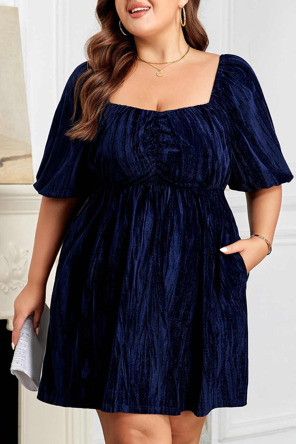 Navy Velvet Ruched Bust Square Neck Short Puff Sleeve Dress Dear-Lover Dropshipping