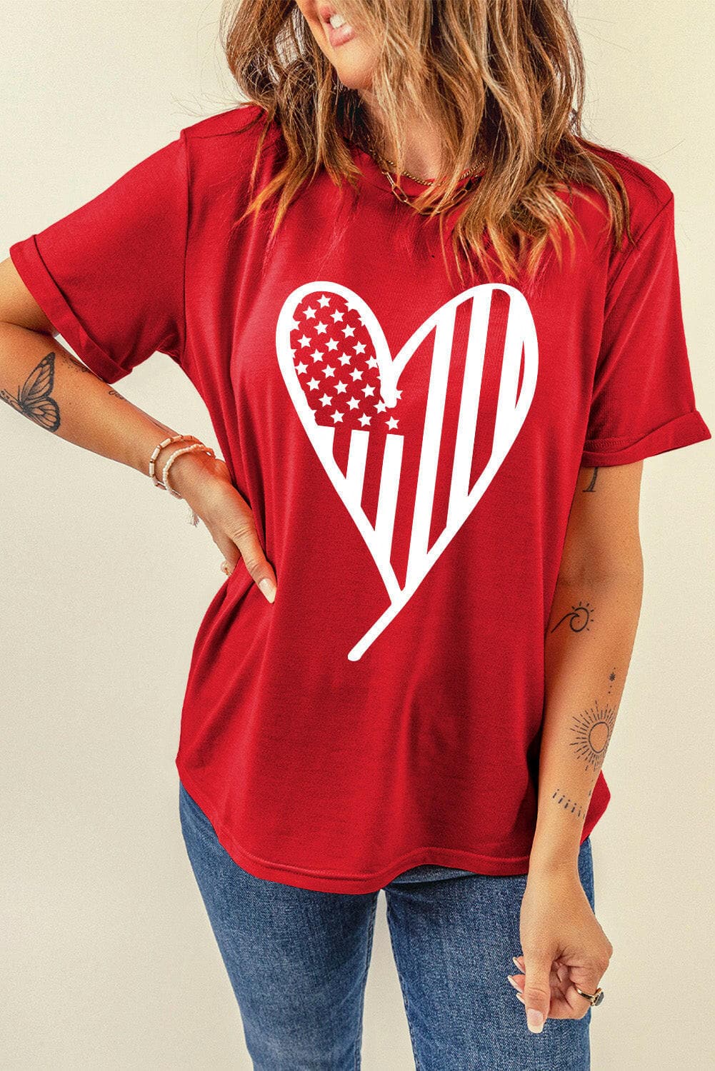 Heart Round Neck Short Sleeve T-Shirt.